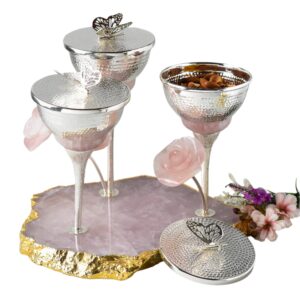 Rose Quartz Denise Tripple Bowl with Roses Silver Plated