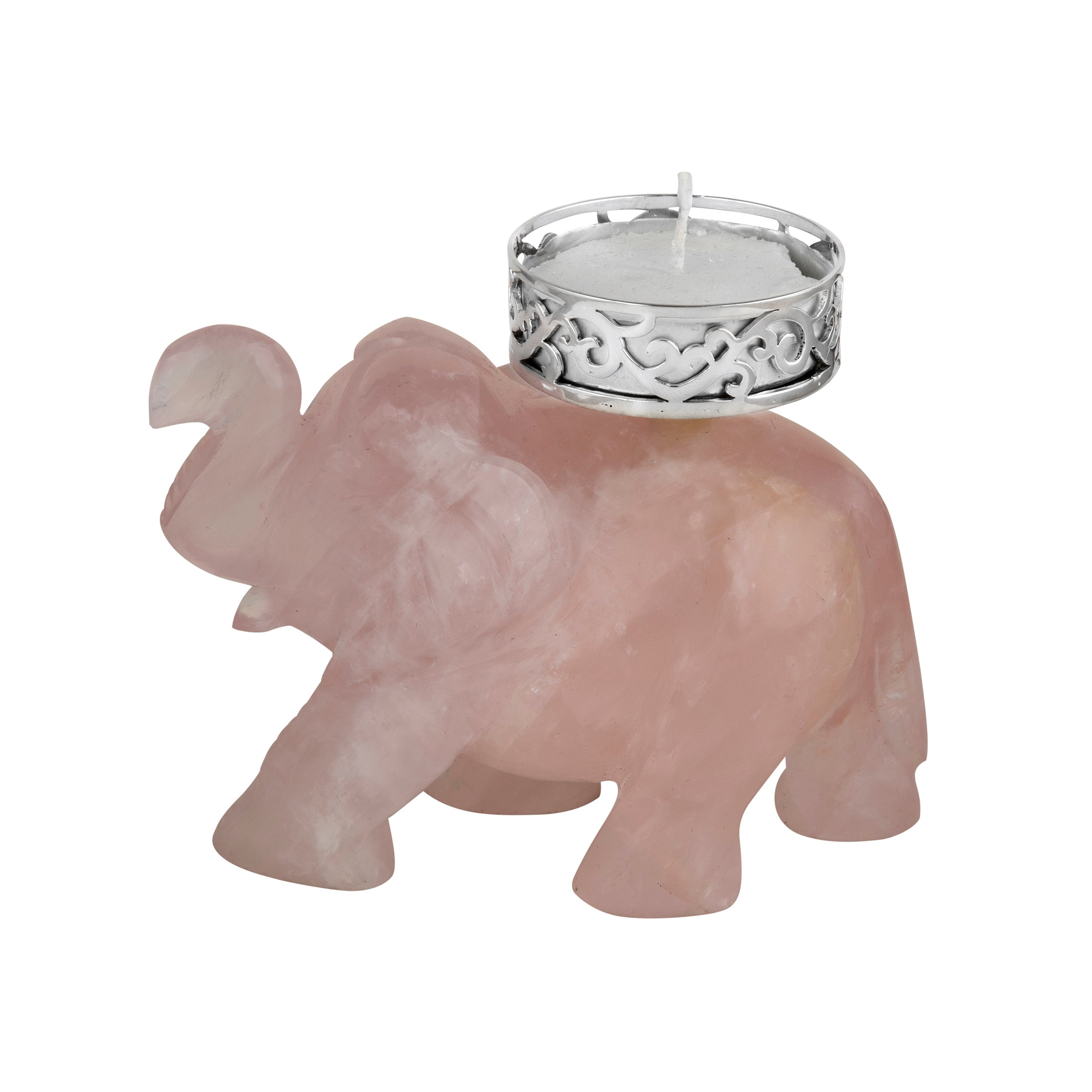 Rose Quartz Maharaja Elephant Tea Light 3 by 3.5" Sliver Silver Plated (set of 2 )