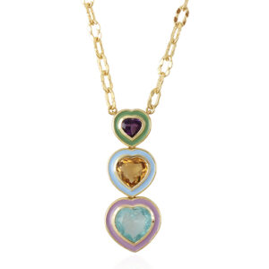 Colorful Hearts Neckalce - Doublet Aqua-Marine Quartz, African Amethyst, Citrine Silver 925