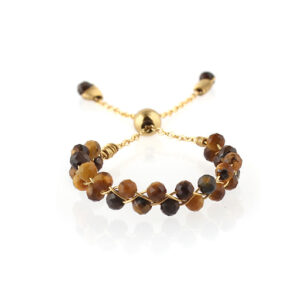 Stone Beads Adjustable Ring - Tiger Eye Silver 925